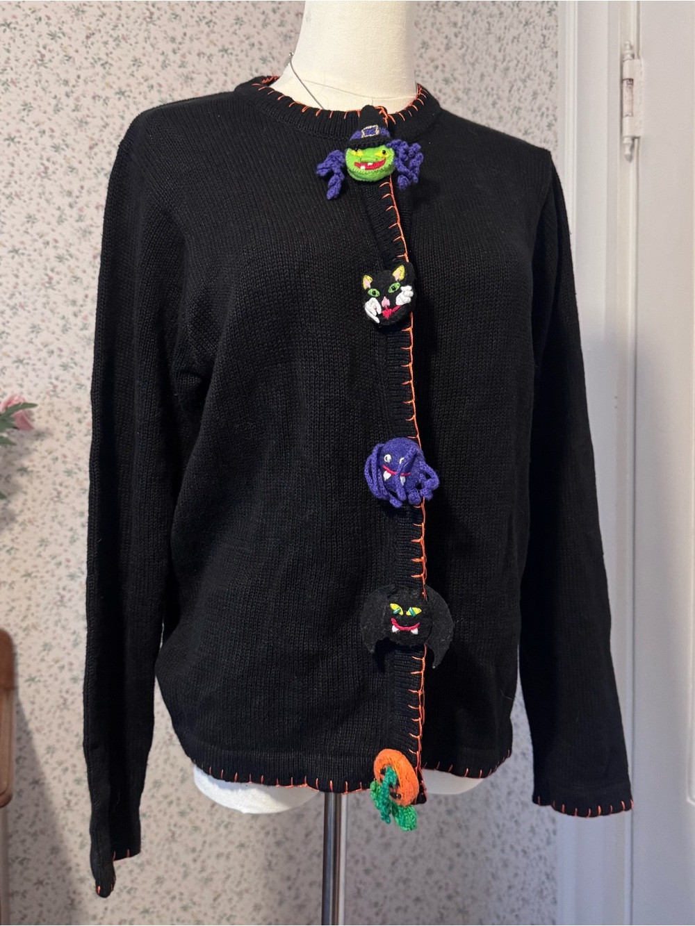 VINTAGE 90s Halloween Button-Up Sweater with Halloween Appliqués